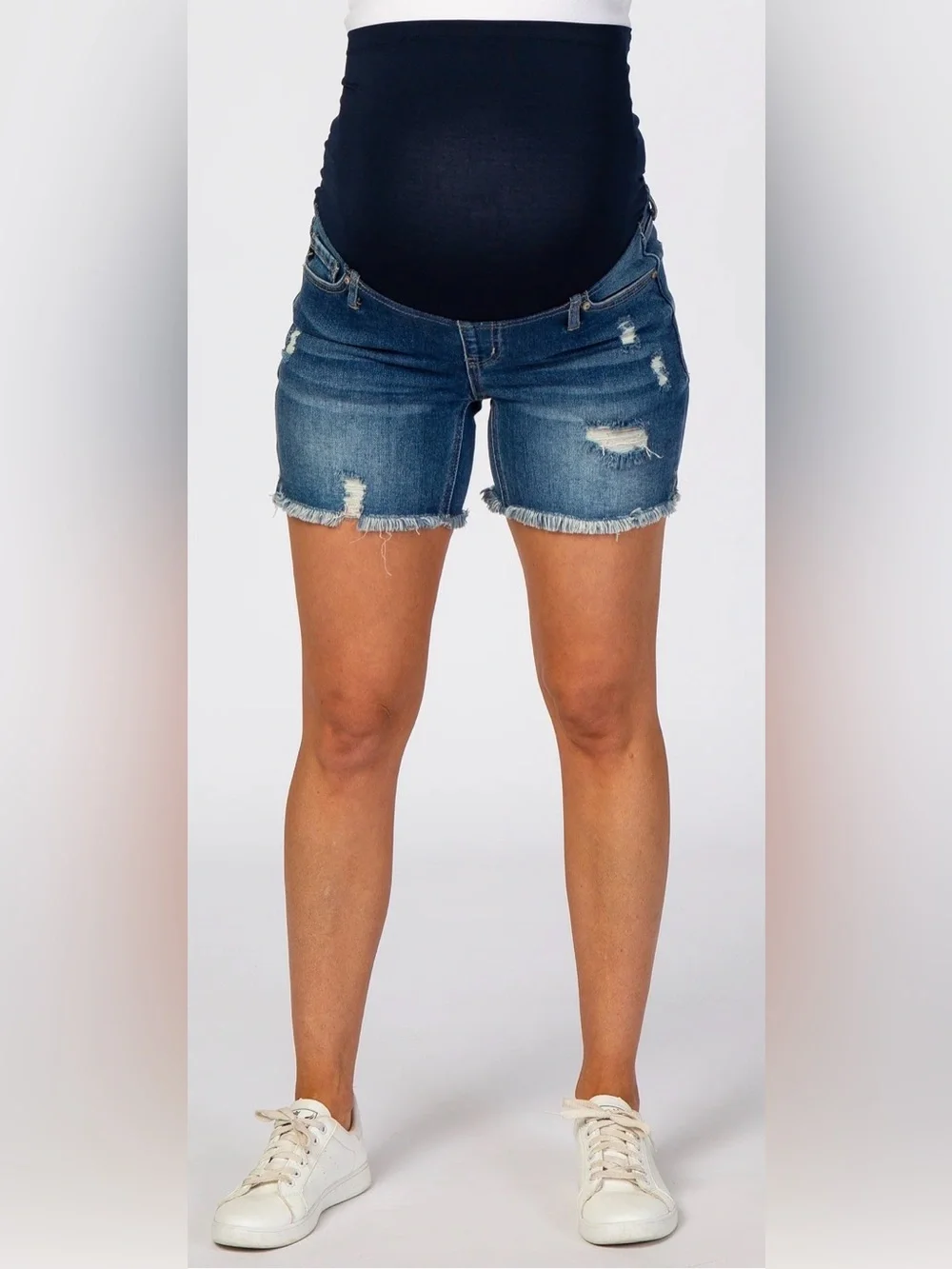 Blue Distressed Fringe Hem Maternity Jean Shorts From Pink Blush - Picture 2 of 8